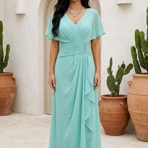 Mint V-Neck Maxi Dress with Ruched Waist and Cascading Ruffle
